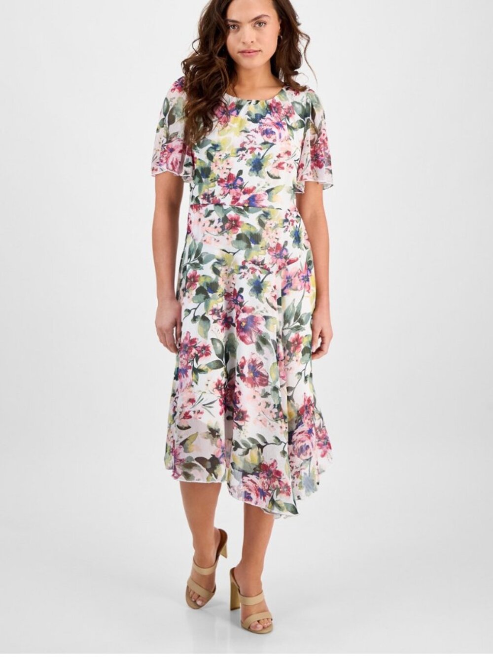 Floral Chiffon Midi Dress With Flutter Sleeves & Scoop Neckline By Connected